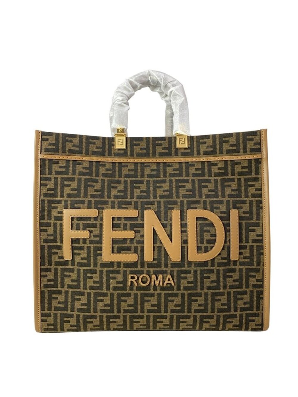 Fendi Tote Sunshine Large Zucca Pattern Dark Brown Light Leather